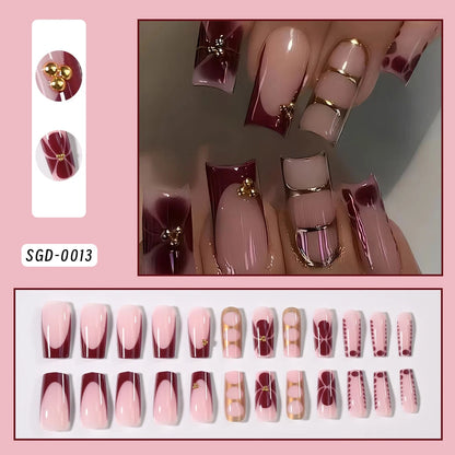 24Pcs Retro Flower Long Coffin French Fake Nails Caviar Bead Floral Gold Hollow Design Press On Nail Tips Y2k Acrylic False Nail