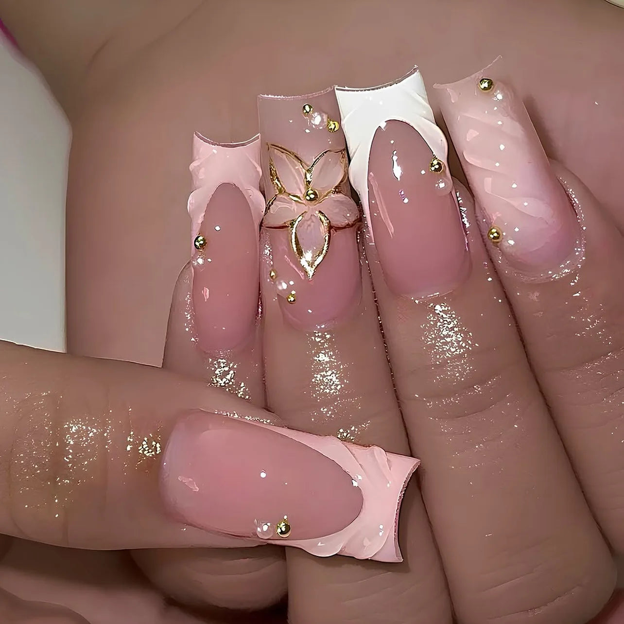 24Pcs Sweet Medium Square False Nails with Glue Blush Pink Flowers Fake Nails Full Cover French Acrylic Press on Nails for Girls