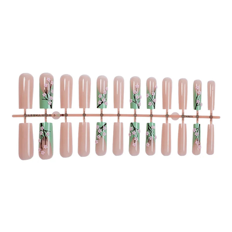 24pcs Long Ballerina Fake Nails 3d Flowers Decor Green French Press on Nails Full Cover Wearable European Spice Girl False Nails