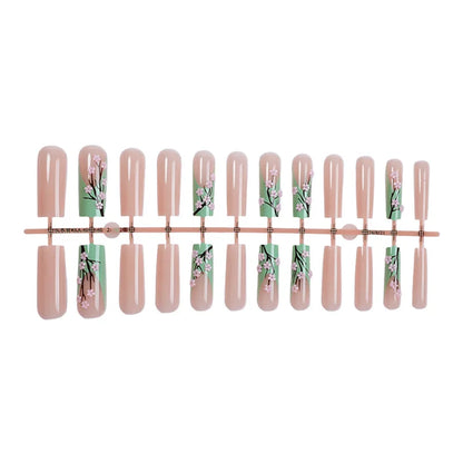 24pcs Long Ballerina Fake Nails 3d Flowers Decor Green French Press on Nails Full Cover Wearable European Spice Girl False Nails