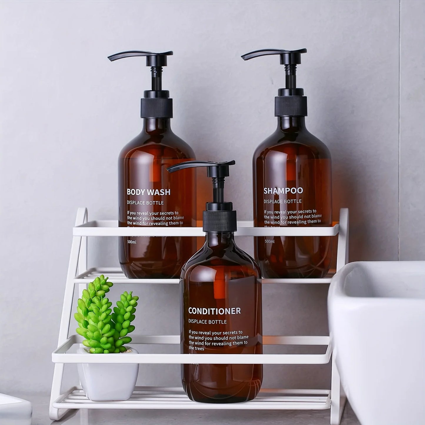 3pcs Waterproof Shampoo Conditioner Dispenser Set Reusable Pump Bottles for Shower Soap Body Wash Hair Care with Printed Label