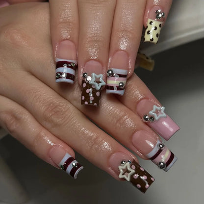 24Pcs Sweet Medium Square False Nails with Glue Blush Pink Flowers Fake Nails Full Cover French Acrylic Press on Nails for Girls