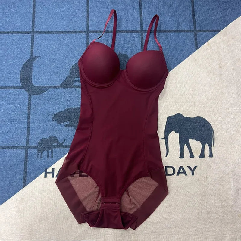 Body string sans armatures couleur lie de vin, extensible, soyeux, pour femme, sous-vêtement gainant, body shaper