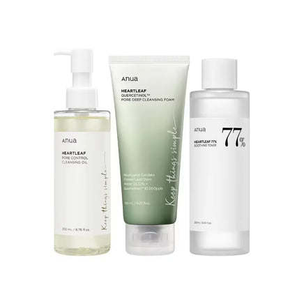 Coffret de produits de soins coréens ANUA Heartleaf Set 77 : Tonique apaisant pour l'acné, lotion quotidienne, mousse nettoyante profonde et huile nettoyante pour le visage