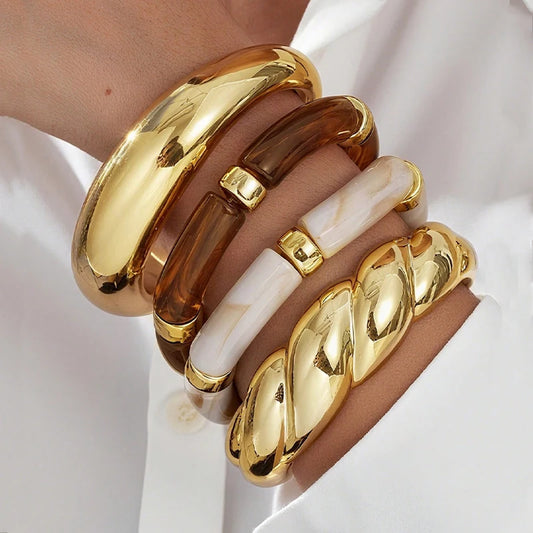 4pcs Vintage Minimalist Elegant Brown Resin Elastic Bangle Set Gold Color Smooth Open Bracelets For Women Daily Holiday Jewelry
